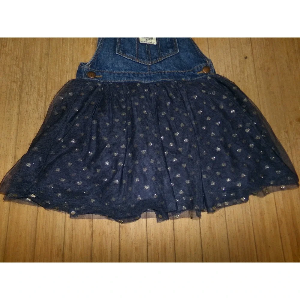 OshKosh Bgosh Girls 5T Denim Tulle Heart Jumper Dress Blue Silver Sparkle